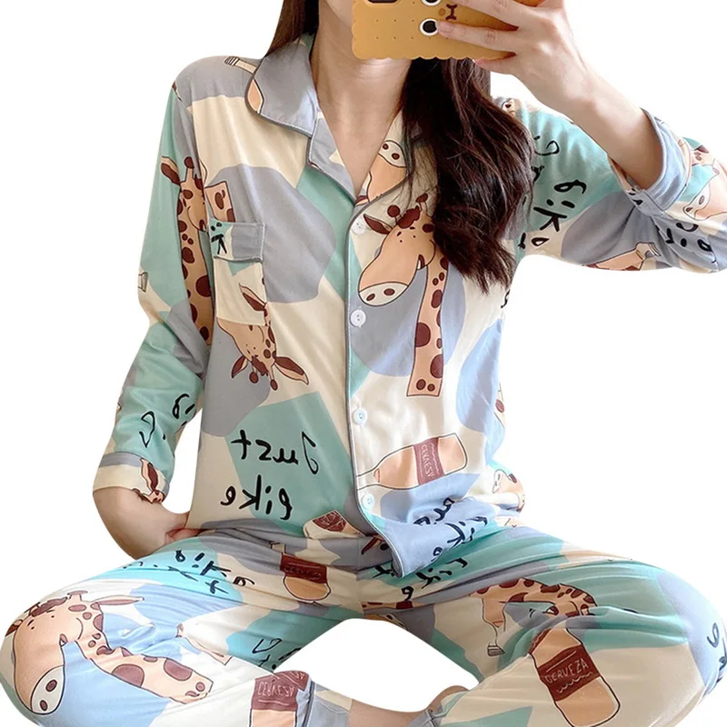 Women Cute Print Pajamas Set Two Pieces Set Long Sleeve Lapel Top Loose Elastic Waist Pants Women Homewear
Women Cute Print Pajamas Set Two Pieces Set Long Sleeve Lapel Top Loose Elastic Waist Pants Women Homewear