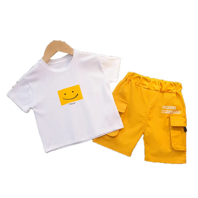 Sunshine boy summer suit 2021 new children's clothing baby foreign smile face clothing children's short-sleeved two-piece suit, Yellow,blue,orange 
Sunshine boy summer suit 2021 new children's clothing baby foreign smile face clothing children's short-sleeved two-piece suit, Yellow,blue,orange