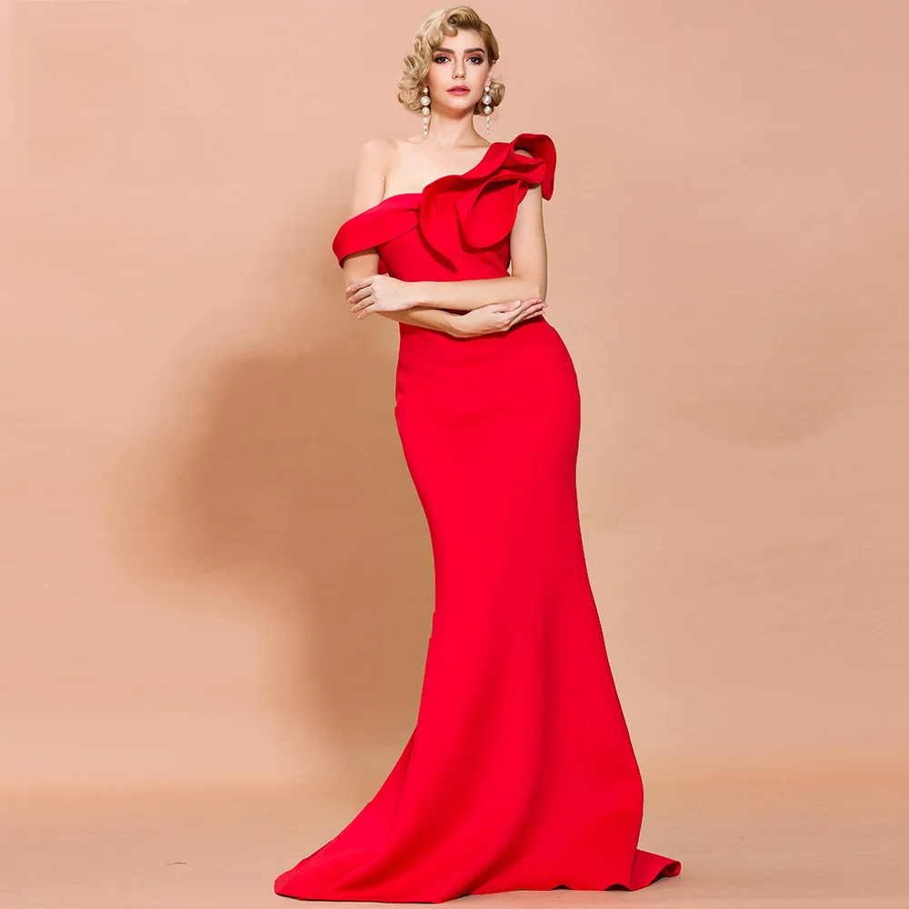 One Shoulder Ruffled Stretchy Floor Length Solid Red Carpet Evening Maxi Dress Gown for Women
One Shoulder Ruffled Stretchy Floor Length Solid Red Carpet Evening Maxi Dress Gown for Women