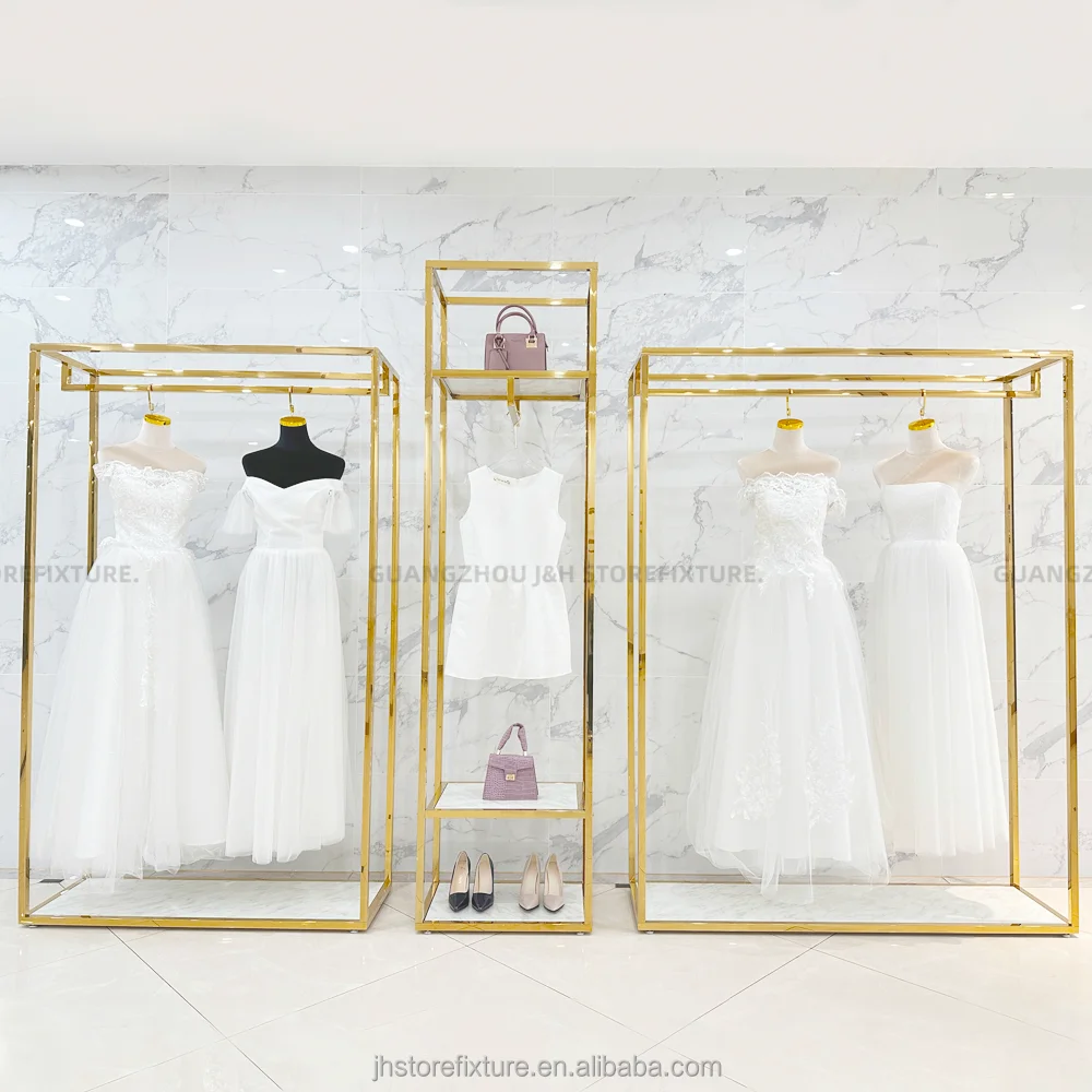 Front hanging wedding dress display stand gold dress store high heel shoes display rack
Front hanging wedding dress display stand gold dress store high heel shoes display rack