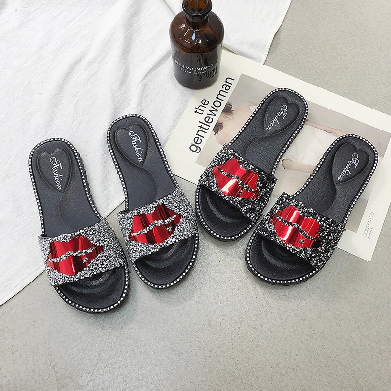 Hot Sale PVC Red lips pattern Rhinestone women slippers sandals Ladies Slide sandals for women and ladies, Black /silver
Hot Sale PVC Red lips pattern Rhinestone women slippers sandals Ladies Slide sandals for women and ladies, Black /silver
