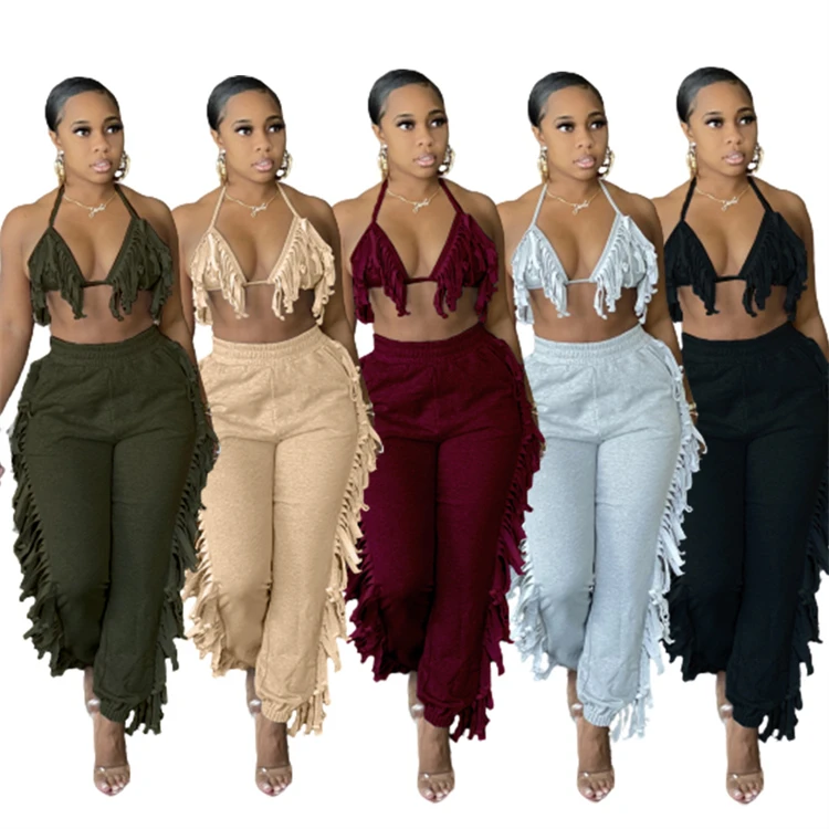 DUODUOCOLOR Summer bikini sport suit solid color tassels crop top fashion leisure sexy two piece long pants set D10148
DUODUOCOLOR Summer bikini sport suit solid color tassels crop top fashion leisure sexy two piece long pants set D10148