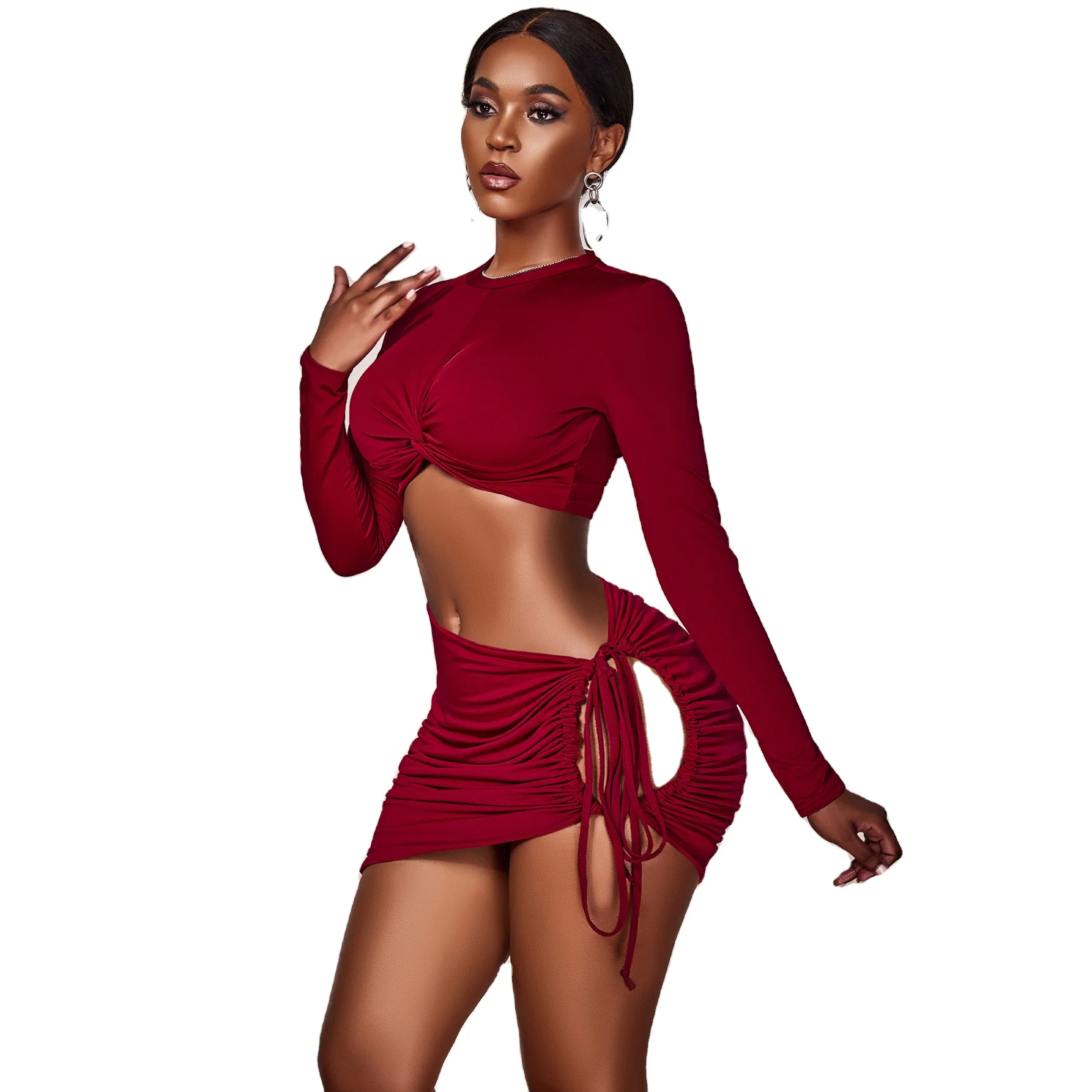 

Discount other dresses round neck body con elasticity stretchable wine red color two piece dress