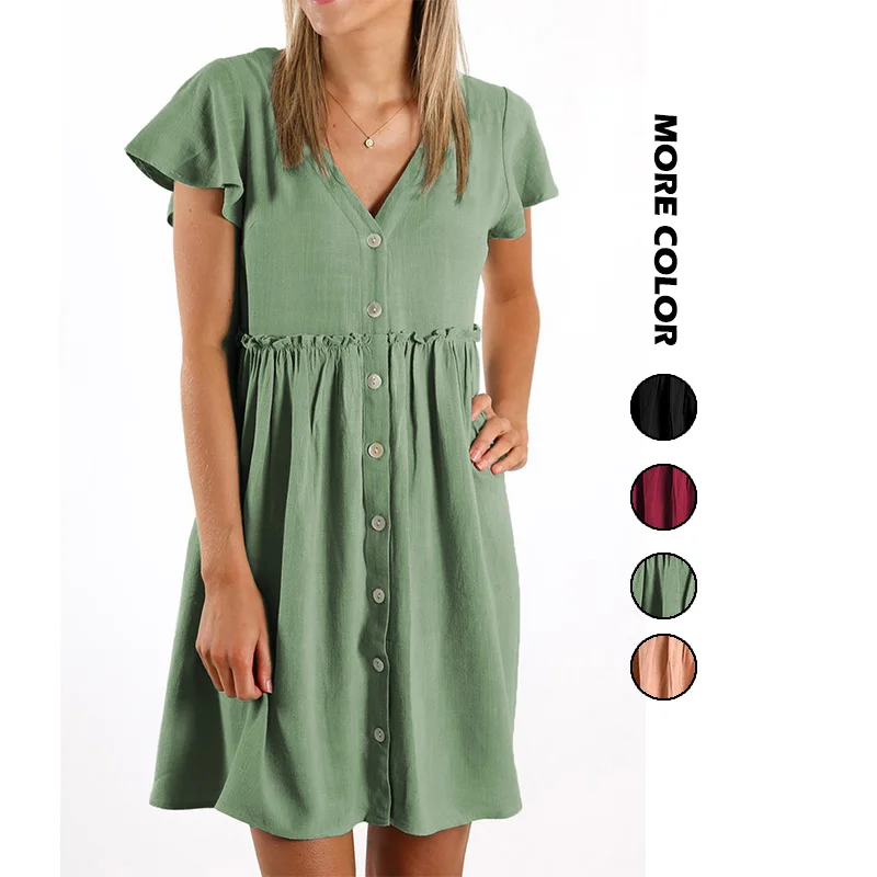 Elegant Women's Solid Color Babydoll Dresses Casual Buttoned V Neck Ruffled Mini Dress
Elegant Women's Solid Color Babydoll Dresses Casual Buttoned V Neck Ruffled Mini Dress