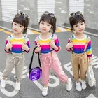 Kids clothing sets 2 Pcs Girls Long Sleeve Striped Bow Tie Rainbow Shirt Pant Set Trousers for Princess 1- 6 Year Children
