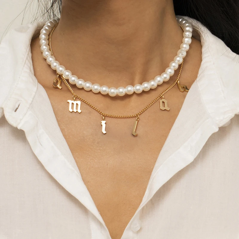 

Simple double layered imitation pearl dainty necklace set charm letters tassel pendant necklace, Gold