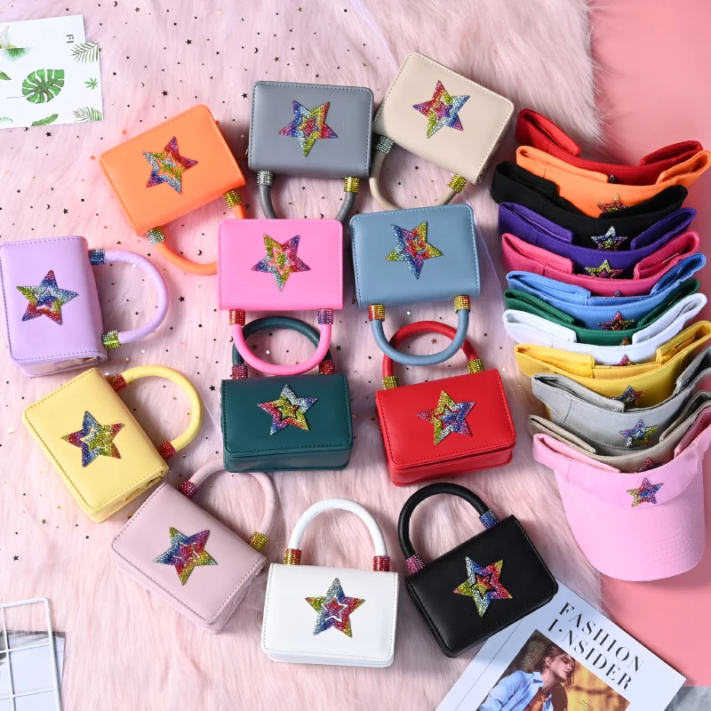 Trendy Colorful Rhinestone Star Print Handbags And Sun Visor Mini Crossbody Purses And Hat Set For Women, 12 colors
Trendy Colorful Rhinestone Star Print Handbags And Sun Visor Mini Crossbody Purses And Hat Set For Women, 12 colors