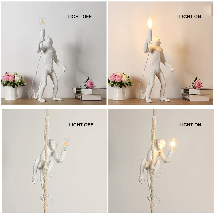 Creative Hanging Vintage Hemp Rope Light Fixture Home Lighting gold white black Resin Monkey Wall light
