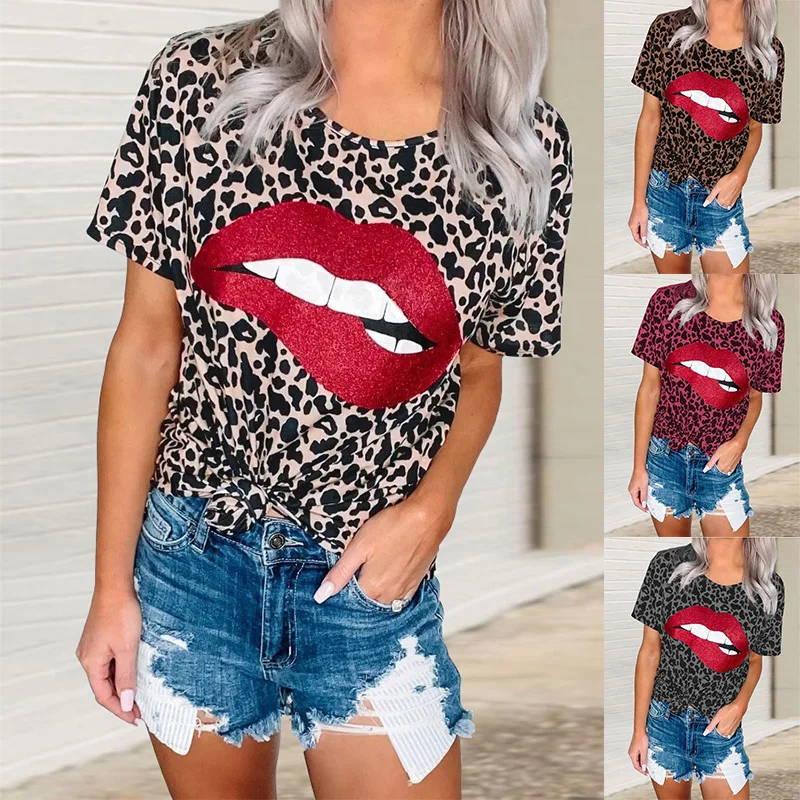 Women's Top 2021 Summer Hot Lip Print Leopard Print Round Neck Short Sleeve T-shirt, Picture showed
Women's Top 2021 Summer Hot Lip Print Leopard Print Round Neck Short Sleeve T-shirt, Picture showed