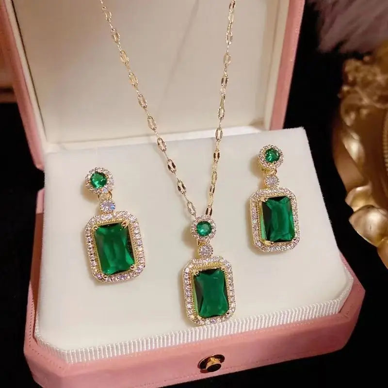 fashion jewelry jewelry sets Emerald Square Zircon stainless steel chain Necklace Earring Rings Sets For Women
fashion jewelry jewelry sets Emerald Square Zircon stainless steel chain Necklace Earring Rings Sets For Women