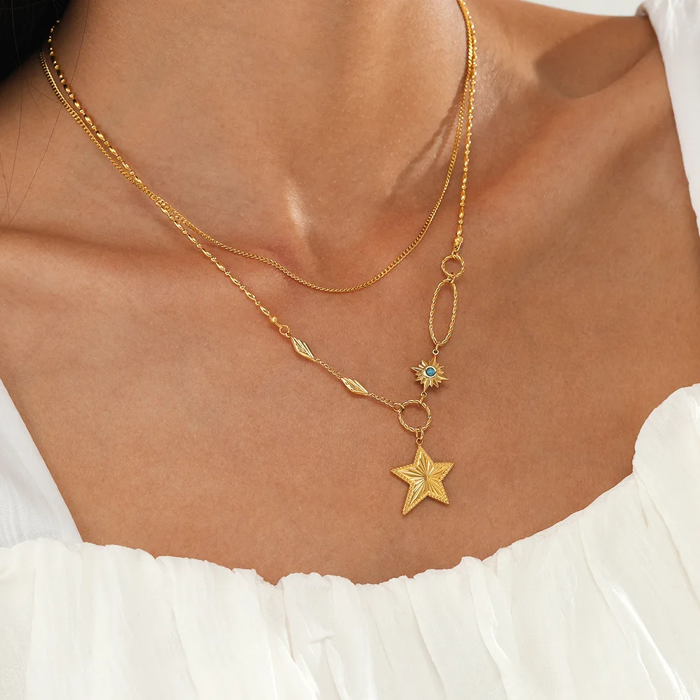 Wholesale 14k Gold Plated Jewelry Layering Necklace Stainless Steel Double Layer Five Pointed Star Clavicle Pendant Necklace
Wholesale 14k Gold Plated Jewelry Layering Necklace Stainless Steel Double Layer Five Pointed Star Clavicle Pendant Necklace