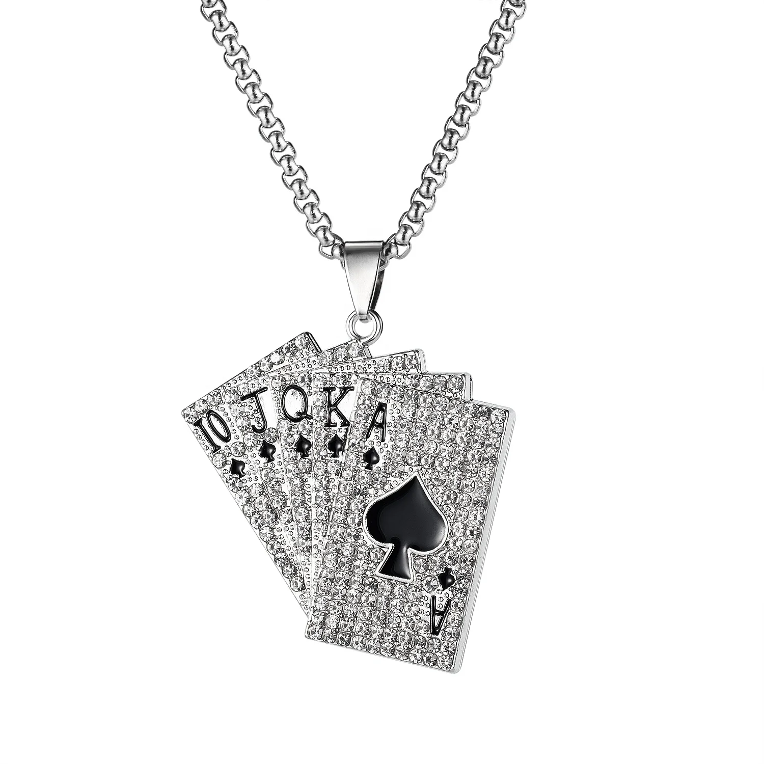 2021 new bling pendant personalized classic fashion trend Flush Poker titanium steel long necklace, Silver color
2021 new bling pendant personalized classic fashion trend Flush Poker titanium steel long necklace, Silver color