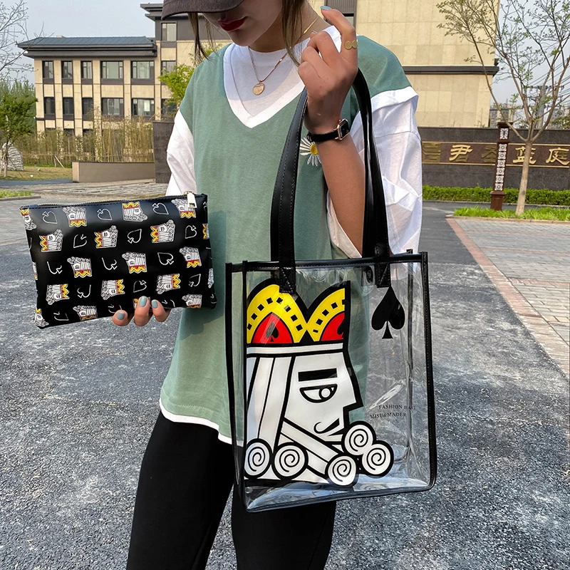 Custom Women Ladies Tote 2 Piece Set Clear Pvc Shoulder Purse Handbag with Playing Cards Pattern
Custom Women Ladies Tote 2 Piece Set Clear Pvc Shoulder Purse Handbag with Playing Cards Pattern
