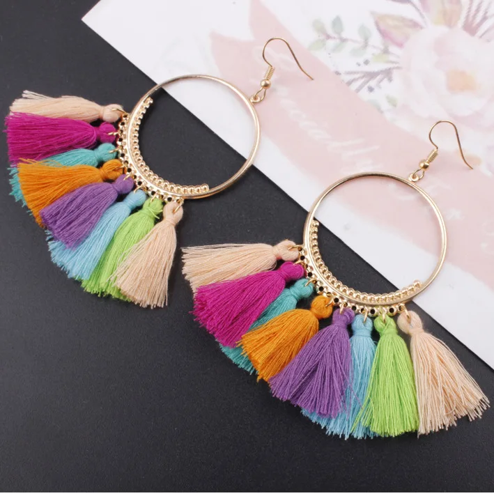Wholesale Trendy Bohemian Multi-color Cotton Rope Big Circle Tassel Earrings Fringe Women Tassel Hoop Earrings, As the picture
Wholesale Trendy Bohemian Multi-color Cotton Rope Big Circle Tassel Earrings Fringe Women Tassel Hoop Earrings, As the picture