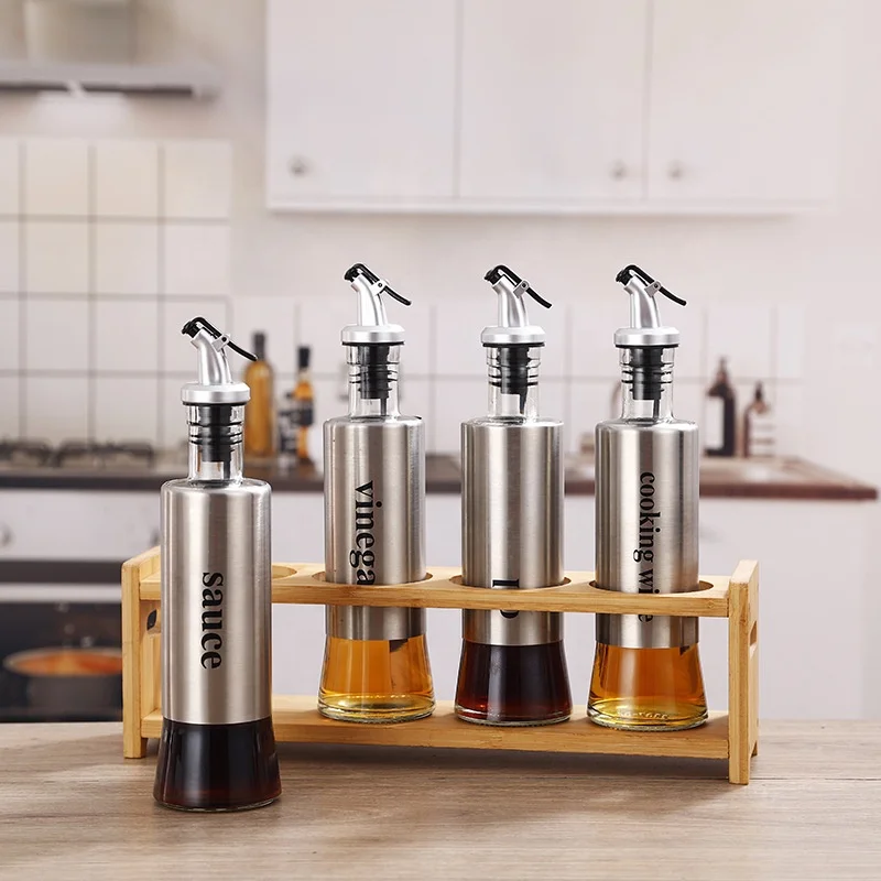 Customized 300ml kitchen dispenser glass cooking oil and vinegar sauce bottles, Silver 
Customized 300ml kitchen dispenser glass cooking oil and vinegar sauce bottles, Silver