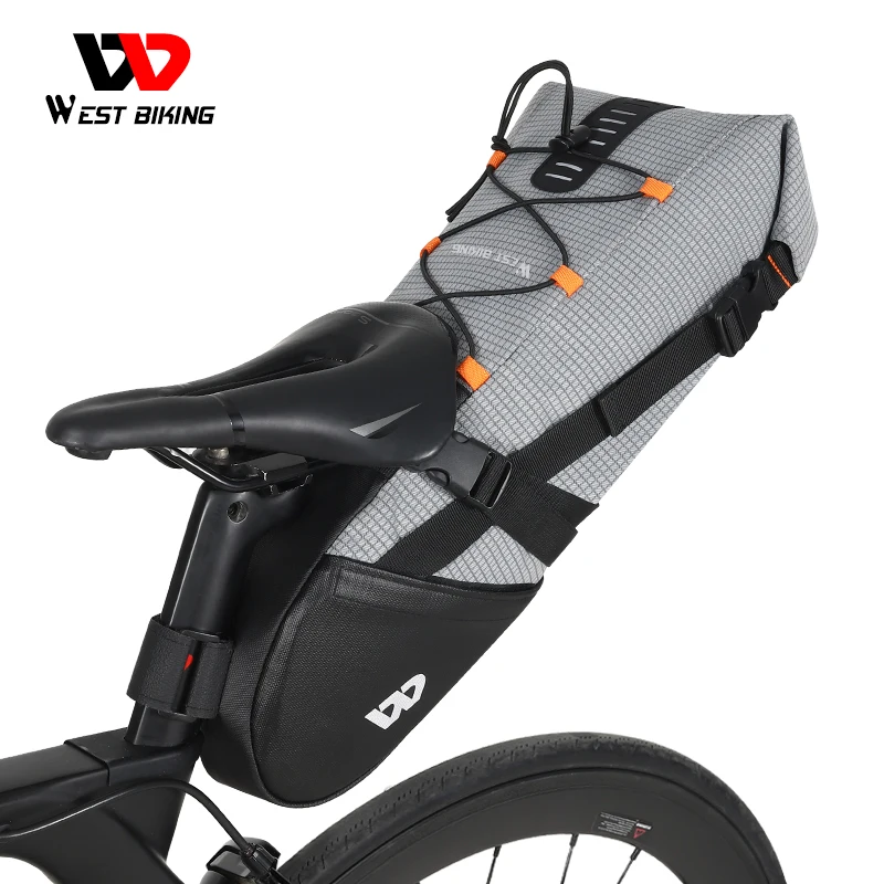 

WEST BIKING 10L Bike Saddle Bag Large Capacity Foldable Cycling Bag Waterproof Reflective MTB Road Bicycle Trunk Pannier, Gray