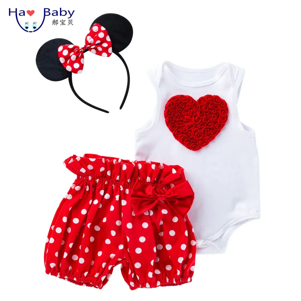 

Hao Baby 2022 Summer New 0-2 Year Old Newborn Baby Clothes Sleeveless Cartoon Shorts Wearing Three Sets Jumpsuit Baby Romper, As picture