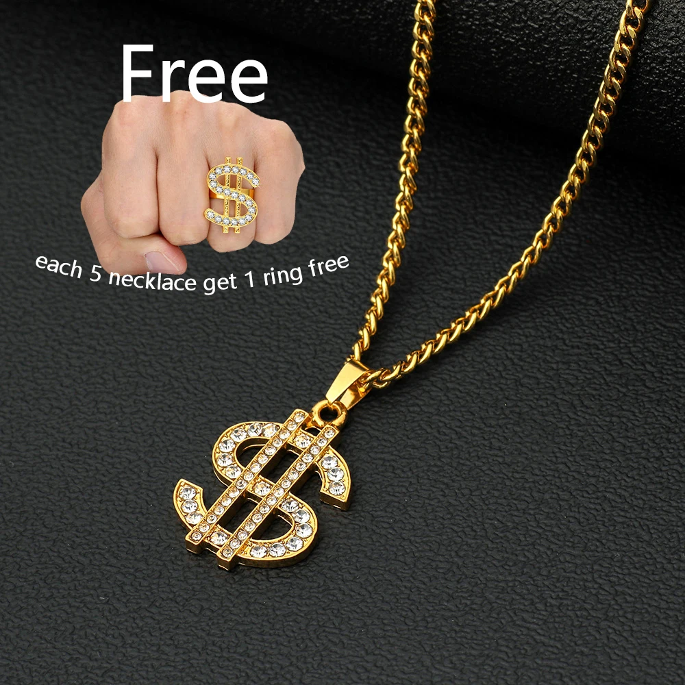 

Hip Hop Rap Stainless Steel 18K Gold Plated Chain Money Diamond-Studded Dollar Necklace men Dollar