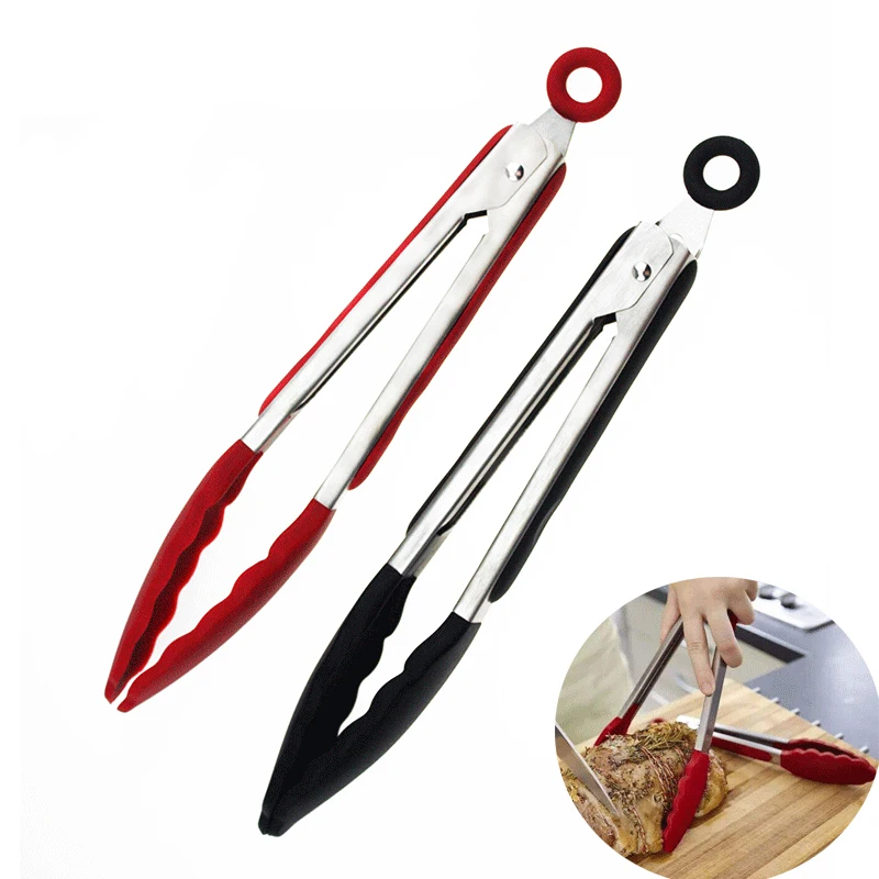 9 inch Stainless Steel Kitchen Cooking Oven Bread BBQ Silicone Tongs for Food, Black/red 
9 inch Stainless Steel Kitchen Cooking Oven Bread BBQ Silicone Tongs for Food, Black/red