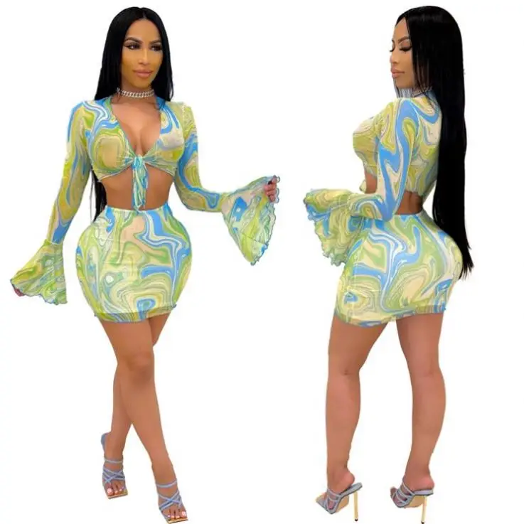 Ckfashion Hot Sale 2021 Summer Long Trumpet Sleeve Print Bandage Crop Top And Mini Skirt Sets Women Sexy Two Piece Skirt Set
Ckfashion Hot Sale 2021 Summer Long Trumpet Sleeve Print Bandage Crop Top And Mini Skirt Sets Women Sexy Two Piece Skirt Set