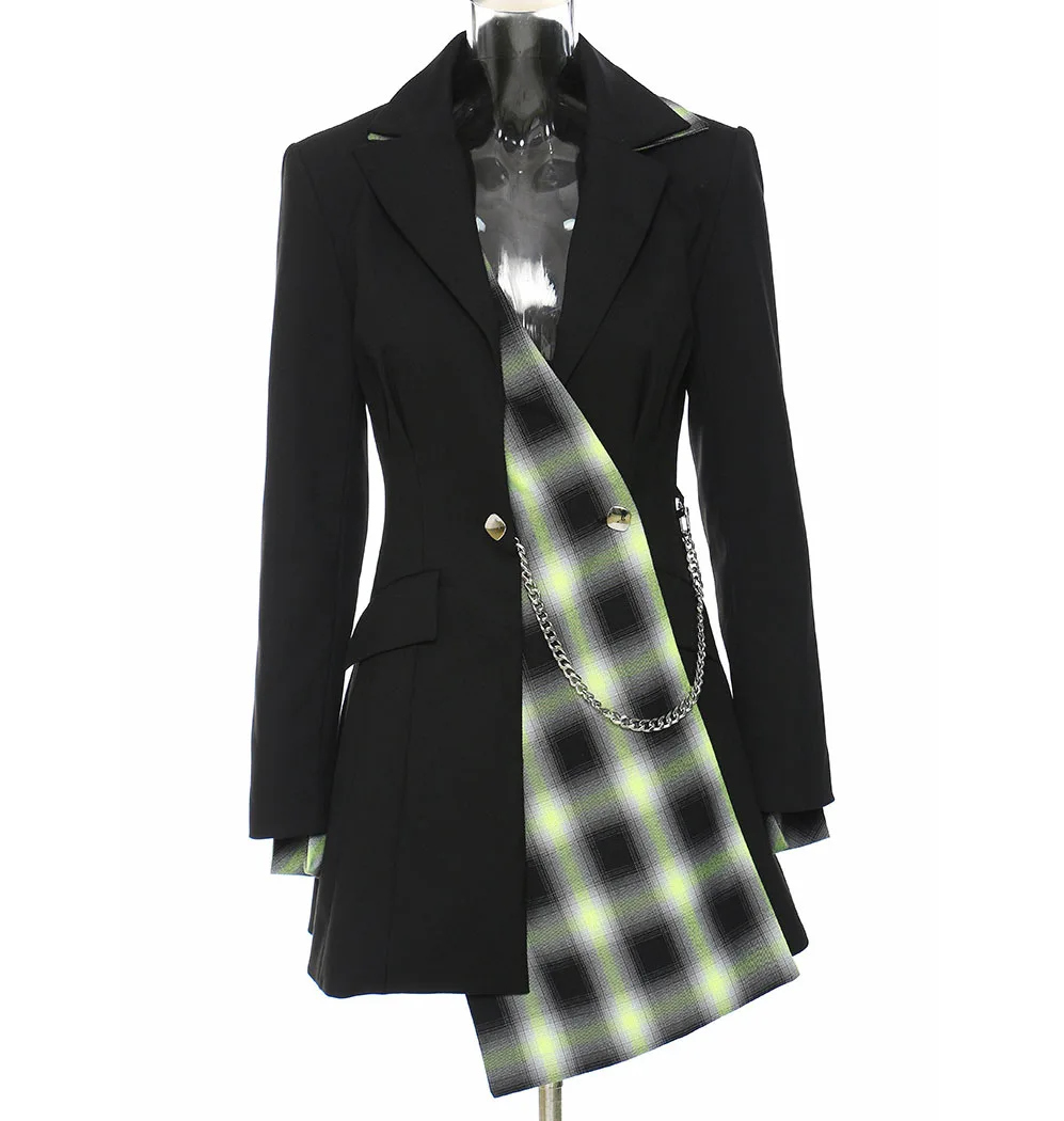 Women Patchwork Plaid Jacket Checkered Pattern Irregular Hem Chain Suit Blazer Female Coats And Jackets
Women Patchwork Plaid Jacket Checkered Pattern Irregular Hem Chain Suit Blazer Female Coats And Jackets