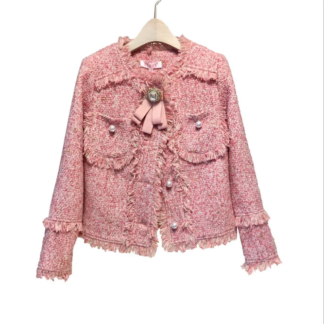 

New arrival wholesale elegant office ladies winter tweed tassel fringes pink Blazer jacket coat tweed trench coat for women, Picture showns