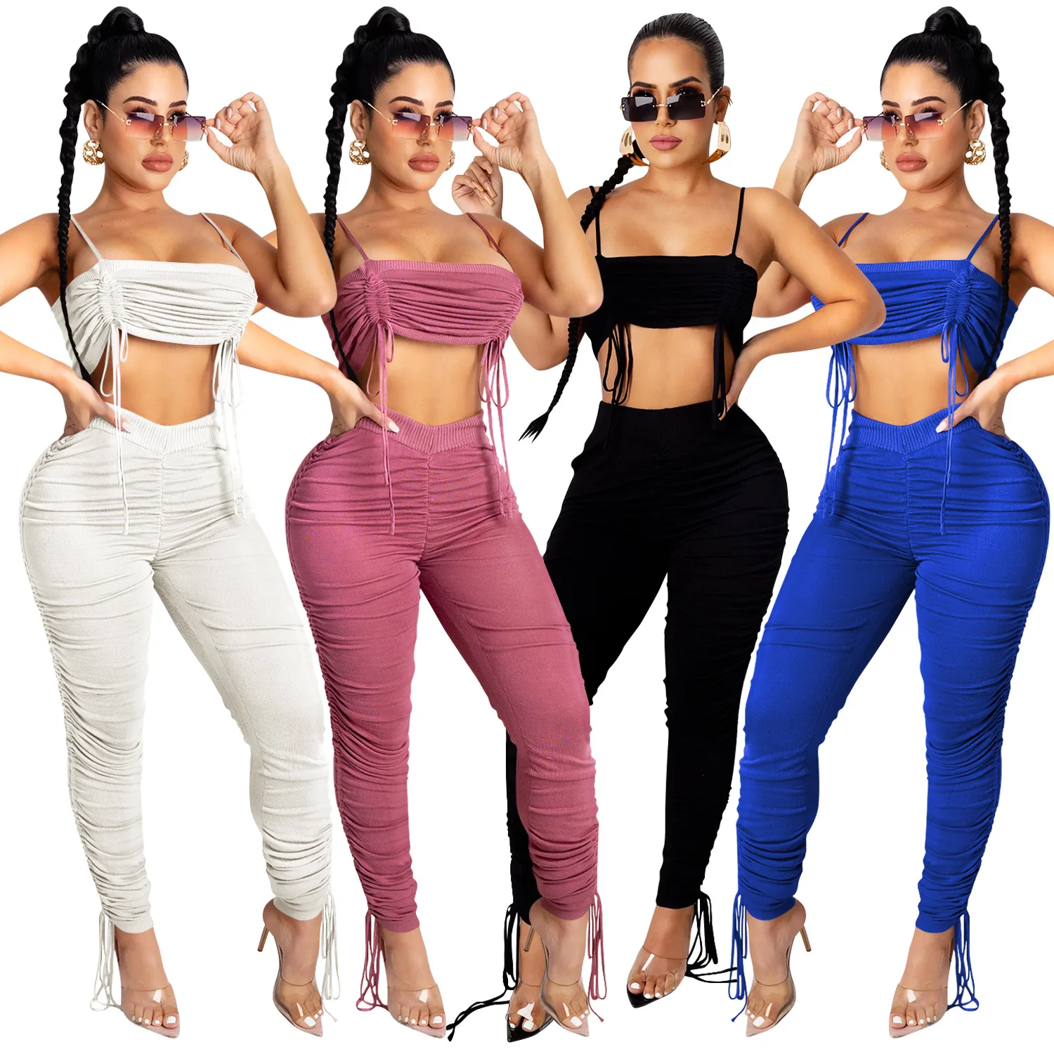 spring 2021 Amazon knitted small sling black solid color pleated drawstring women's sweatsuits fashion pants 2 piece suit
spring 2021 Amazon knitted small sling black solid color pleated drawstring women's sweatsuits fashion pants 2 piece suit