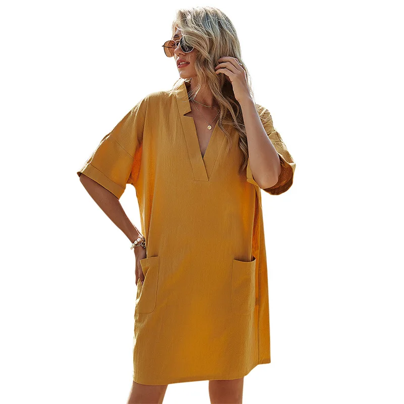 New design 100% cotton Solid Color Half Sleeve Short Dress Women Loose Pocket V Neck Elegant Dress For Women 2021 Summer Dress
New design 100% cotton Solid Color Half Sleeve Short Dress Women Loose Pocket V Neck Elegant Dress For Women 2021 Summer Dress