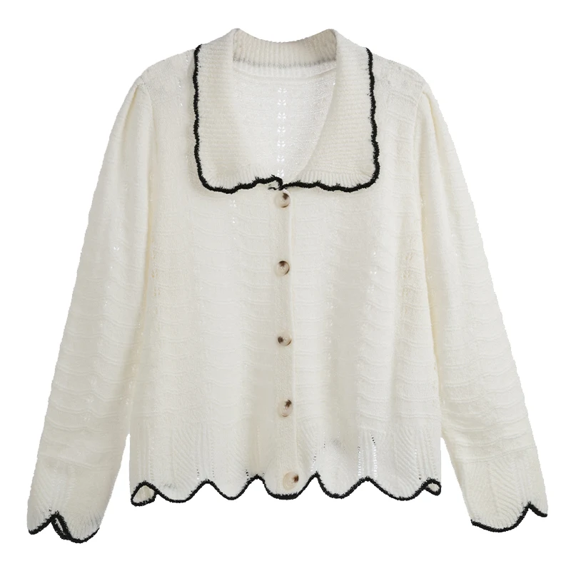 Custom ladies Fall 2021 new doll collar hollow knit cardigan for fat woman loose long-sleeved plus size women's sweater
Custom ladies Fall 2021 new doll collar hollow knit cardigan for fat woman loose long-sleeved plus size women's sweater