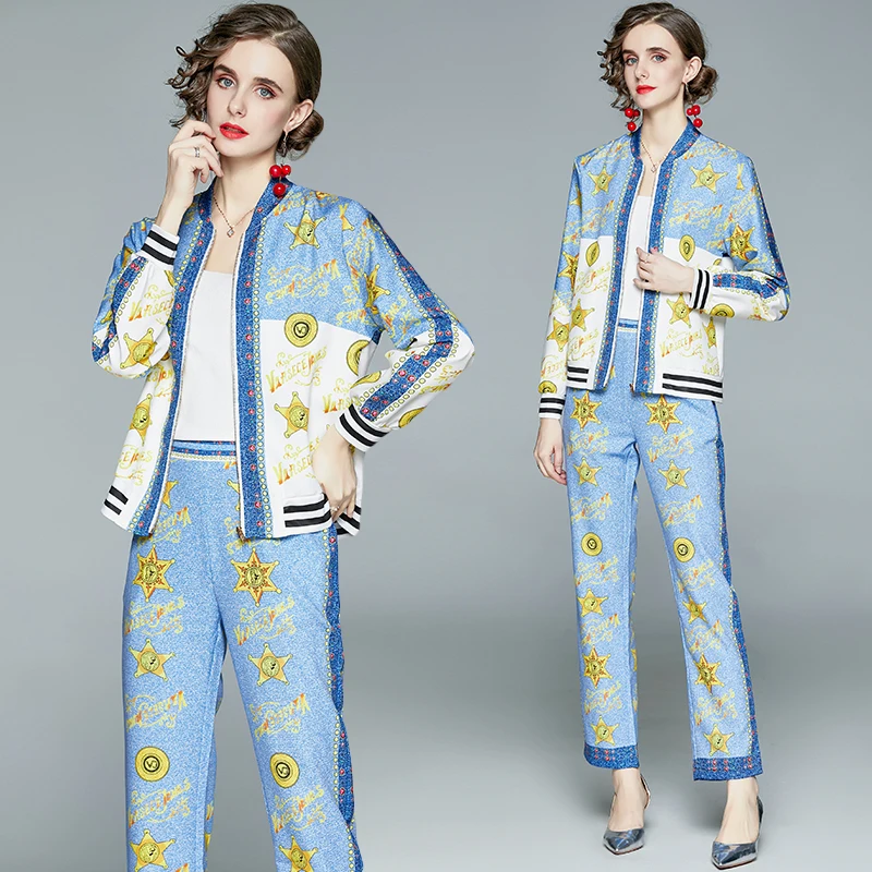 In stock 2021 autumn new European fashion elegant fall long-sleeved printed jacket two-piece suit womens fashion trendy, Green/blue
In stock 2021 autumn new European fashion elegant fall long-sleeved printed jacket two-piece suit womens fashion trendy, Green/blue