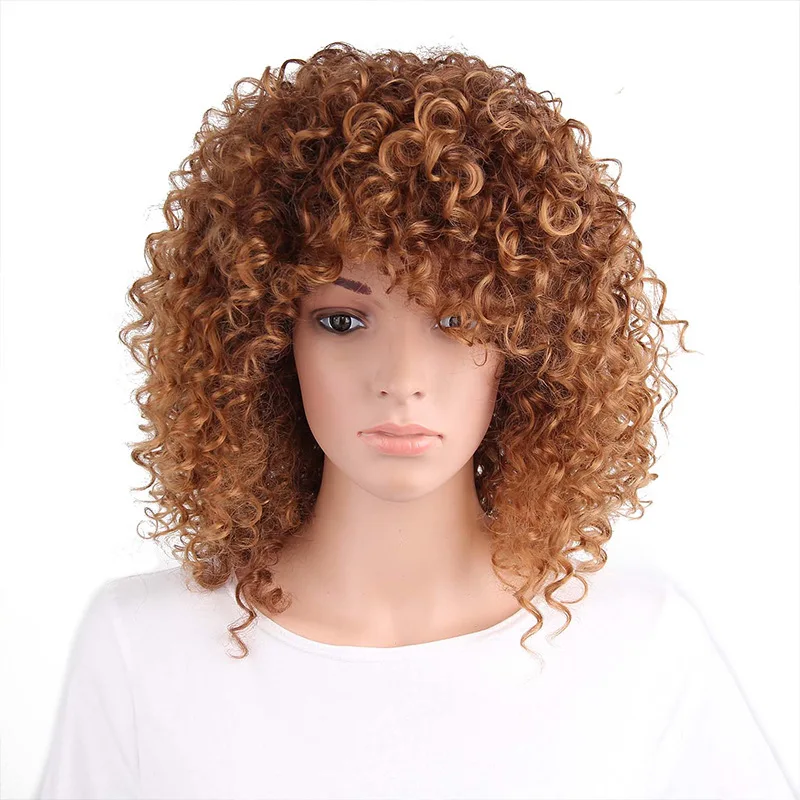 

Afro Kinky Curly Wigs With Bangs High Temperature African Natural Glueless Cosplay Short Hair Afro Curly Wigs For Black Women