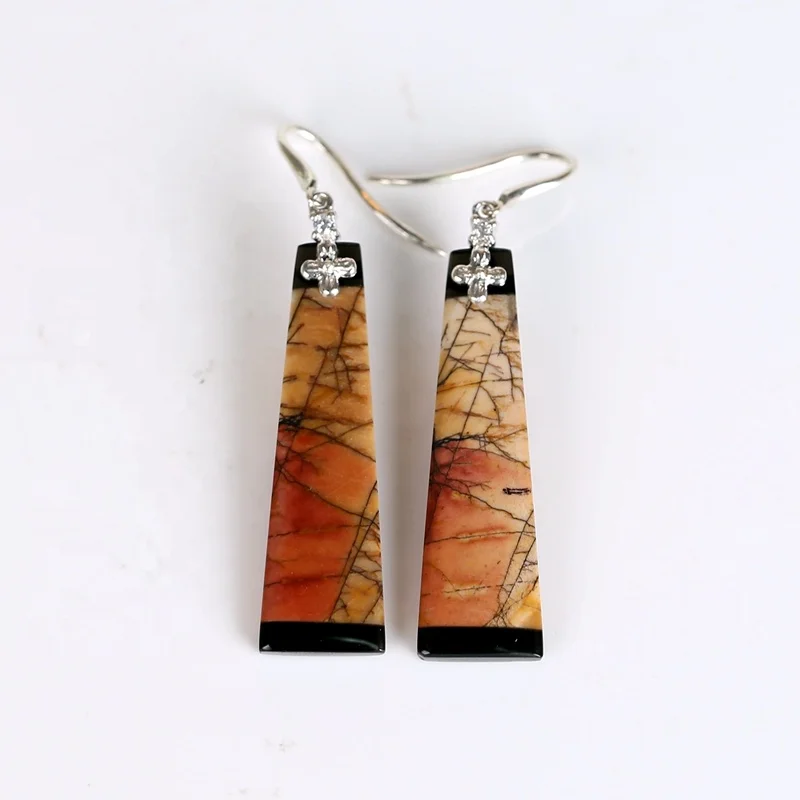 New Design Hot Sale Multi-Color Picasso jasper and Obsidian Intarsia Earrings, 925 Sterling Silver Findings, 38x11x4mm,7.5g J003, As picture
New Design Hot Sale Multi-Color Picasso jasper and Obsidian Intarsia Earrings, 925 Sterling Silver Findings, 38x11x4mm,7.5g J003, As picture