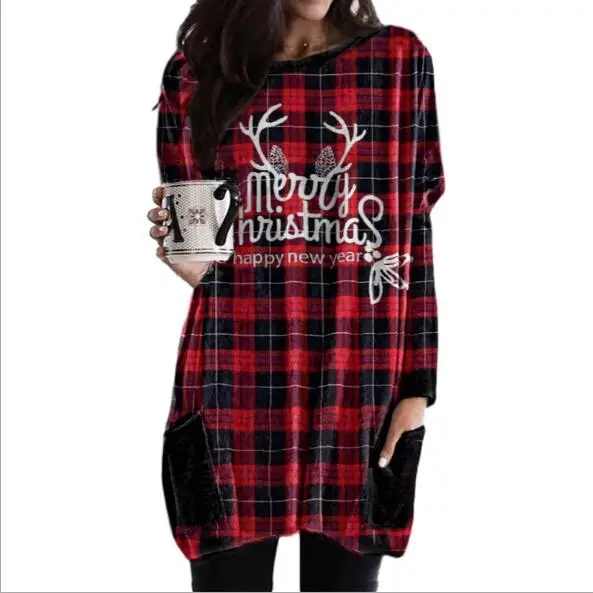 2020 European and American autumn new Christmas plaid printed long-sleeved T-shirt dress dress 
2020 European and American autumn new Christmas plaid printed long-sleeved T-shirt dress dress