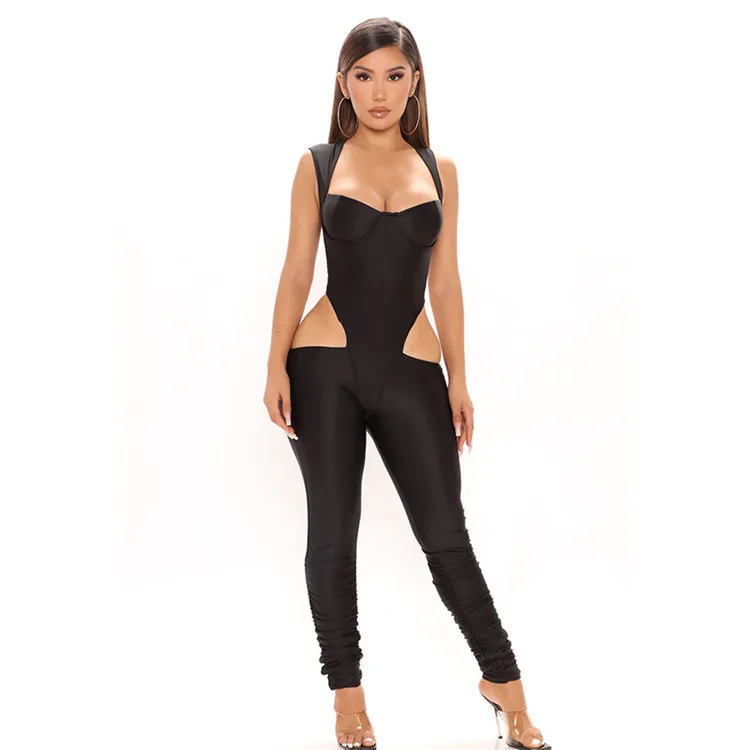 

Summer new style solid color hole block splice skinny pleated long jumpsuit sexy casual sportswear hollow out club jumpsuit
