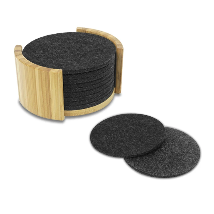 Bamboo holder wine glasses mat round shape high quality felt cup coaster, Customized
Bamboo holder wine glasses mat round shape high quality felt cup coaster, Customized