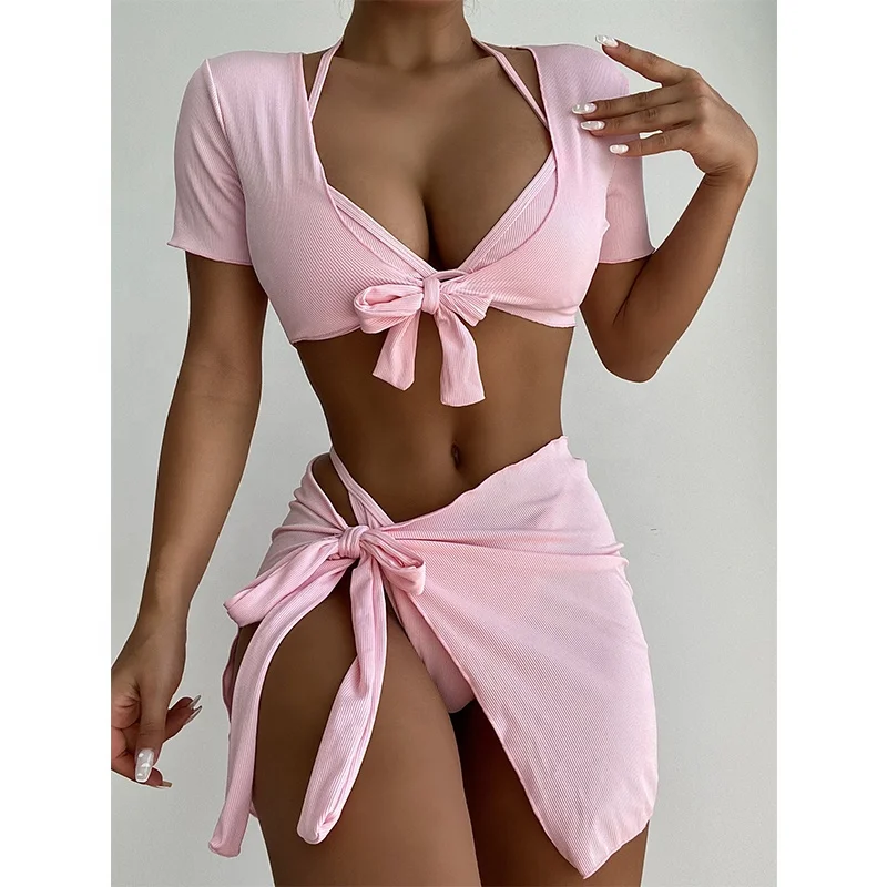 Custom Wholesale Sexy Ladies Sleeve Swimwear Solid Color Four Pieces Swimsuit Tube Top High Waist Swimwear, As picture
Custom Wholesale Sexy Ladies Sleeve Swimwear Solid Color Four Pieces Swimsuit Tube Top High Waist Swimwear, As picture