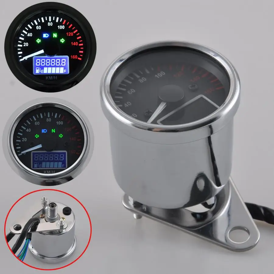New Universal 0~160KM/H Motorcycle Digital LED LCD Speedometer Tachometer Speed Gauge Retro Chrome Factory Direct Sales