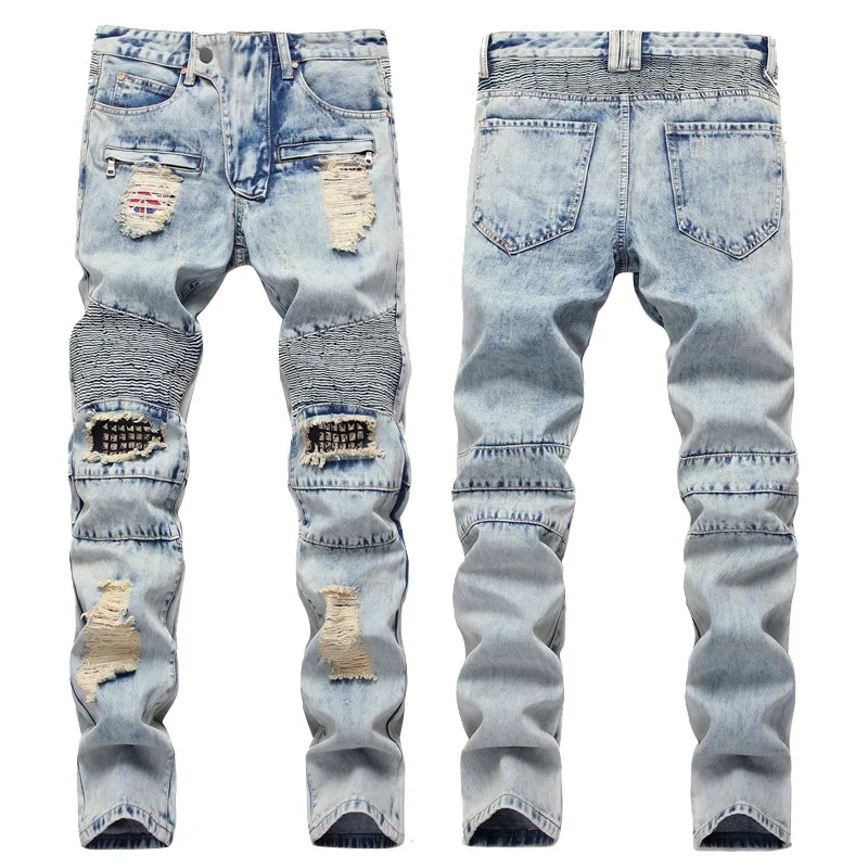 High quality men ripped rivet straight patched streetwear denim jeans trousers for men
High quality men ripped rivet straight patched streetwear denim jeans trousers for men