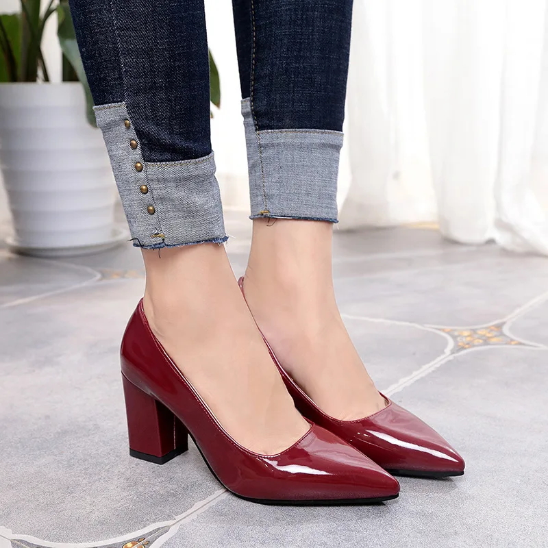 Women Pumps Black High Heels Lady Patent Leather Thick with Autumn Pointed Shoes Female Sandals
Women Pumps Black High Heels Lady Patent Leather Thick with Autumn Pointed Shoes Female Sandals