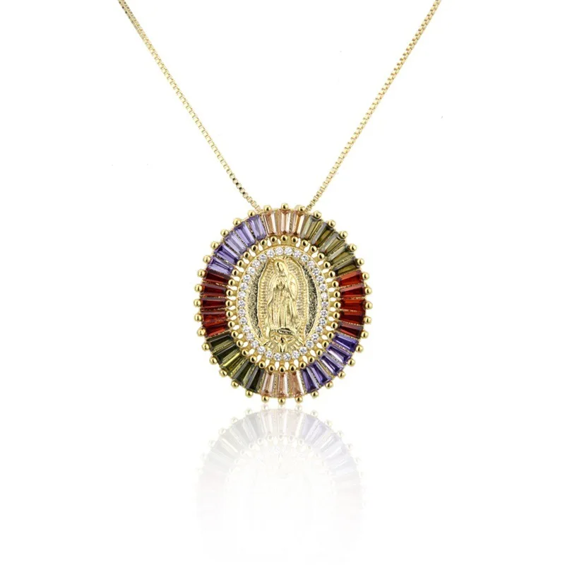 

Christian Religious Round Colorful CZ Virgin Mary Necklace Iced out Rainbow Cubic Zirconia Oval Virgin Mary Pendant Necklace