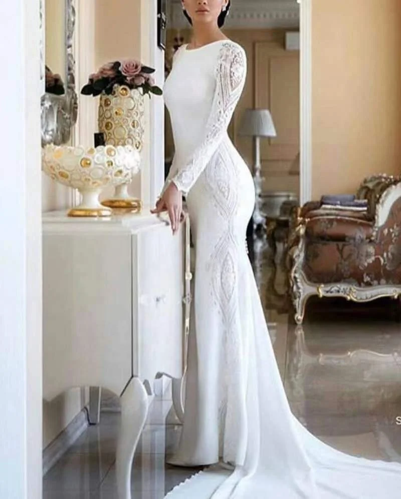 #7525 O-Neck Lace Wholesale White Sweep Train Elegant Wedding Dress Mermaid Long Sleeve Soft Satin Lace Bridal Gown
#7525 O-Neck Lace Wholesale White Sweep Train Elegant Wedding Dress Mermaid Long Sleeve Soft Satin Lace Bridal Gown
