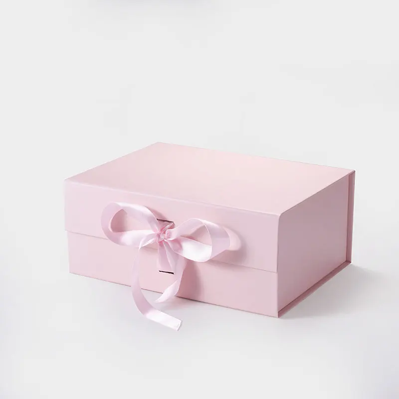 

Custom rigid cardboard pink shipping magnetic close gift packaging box with ribbon