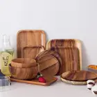 Natural Handmade 6 Inch Hotel Steak Cheese Sushi Japanese Acacia Wood Dinnerware Square Serving Plate Set