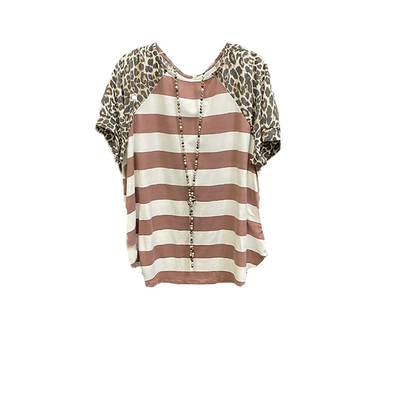 Women Round Neck Leopard Print Stitching Striped Short Sleeve Casual Loose Blouse, Picture color
Women Round Neck Leopard Print Stitching Striped Short Sleeve Casual Loose Blouse, Picture color