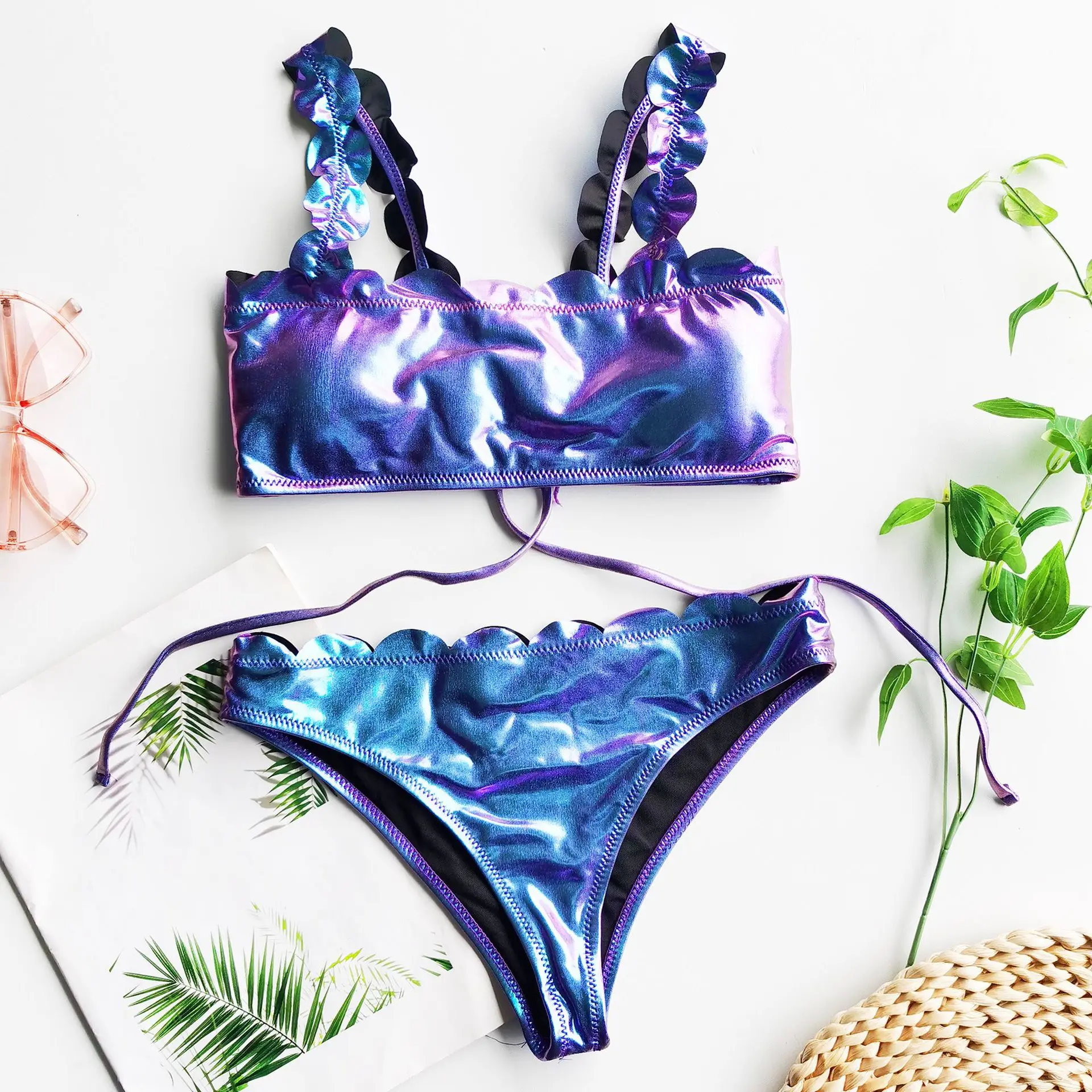 New Design Shiny Special Leather Waterproof Laser Bikini Flower Swimming Suit Custom Women