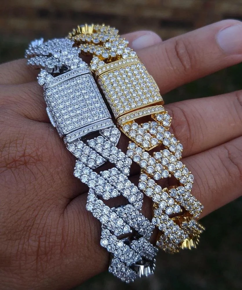 15mm prong set diamond cuban link chain bracelet heavy hip hop rock men jewelry, Silver
15mm prong set diamond cuban link chain bracelet heavy hip hop rock men jewelry, Silver