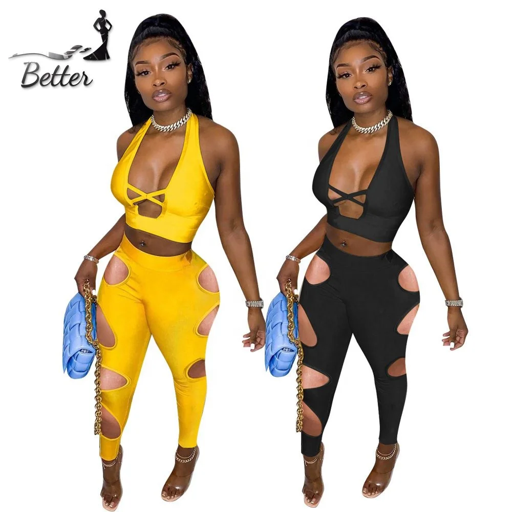 BETTER Summer 2021 Women Solid Color Halterneck Cross Top And Hollow Out Pants Womens 2 Pc Sets Outfits 
BETTER Summer 2021 Women Solid Color Halterneck Cross Top And Hollow Out Pants Womens 2 Pc Sets Outfits