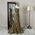 One shoulder sweep train dubai golden flower luxurious evening dresses
