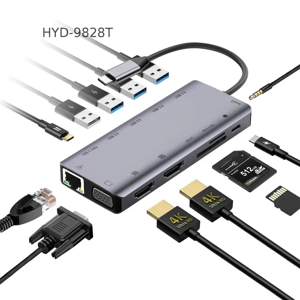 HYD-9828T 13 in 1 usb c hub with 4K HDM1 Video usb 3.0 hub Gigabit Ethernet 100w power deliveryl charging port compatiblemacbook, Space gray
HYD-9828T 13 in 1 usb c hub with 4K HDM1 Video usb 3.0 hub Gigabit Ethernet 100w power deliveryl charging port compatiblemacbook, Space gray