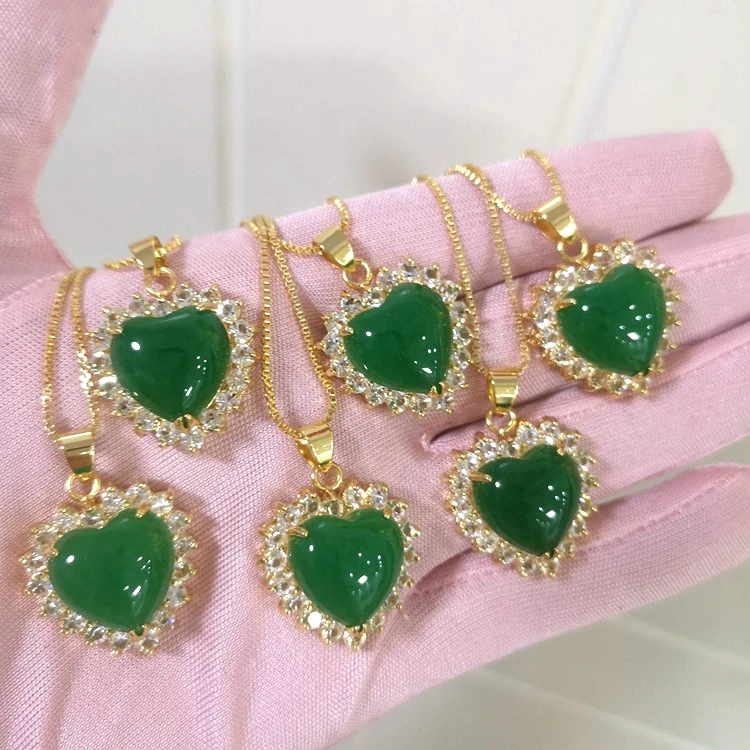 Natural Green Stone Women Fashion 18k Gold Plated Jade Heart Pendants Diamond Around Heart Necklace Wholesale
Natural Green Stone Women Fashion 18k Gold Plated Jade Heart Pendants Diamond Around Heart Necklace Wholesale